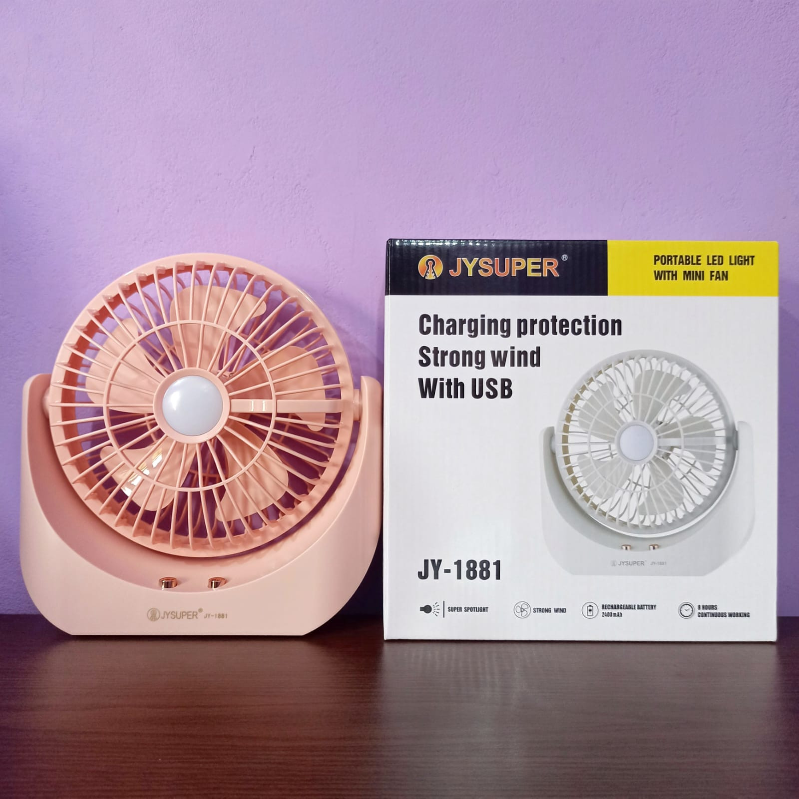 product_1714313345_4548 JY-1880 Rechargeable Fan With LED Light - Image 1
